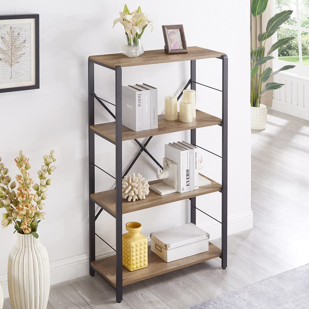 FOLUBAN 4 Tier Open Bookshelf, Vintage Free Standing Book Shelf, Rustic Wood and Metal Bookcase for Home Office, Oak FOLUBAN