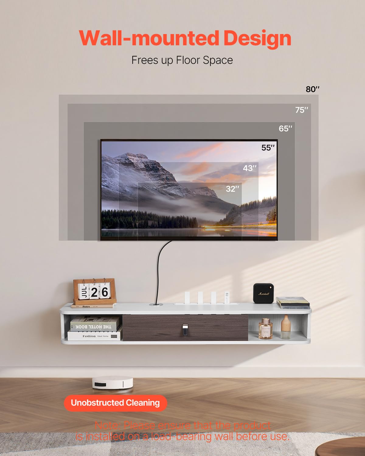 VEVOR Floating TV Stand, 47 in Wall Mount Entertainment Center with Cable Hole, Modern Floating TV Shelf with Storage Cabinet, Particle Board Console for DVD Player, Cable Box, Game Console, White VEVOR