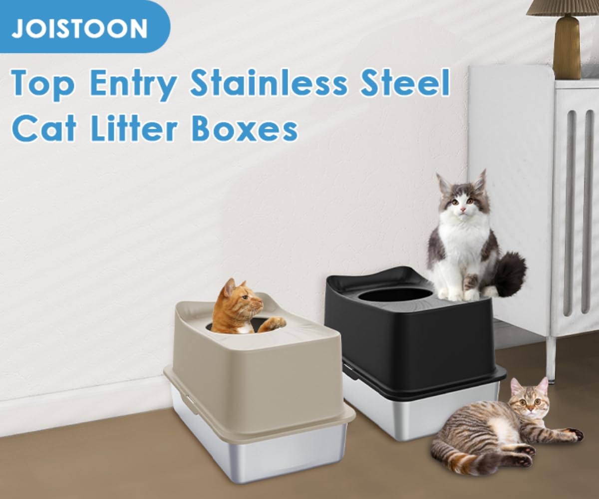 JOISTOON Top Entry Cat Litter Box with Lid, Stainless Steel Extra Large Enclosed Cat Kitty Litter Pan Easy Cleaning, Never Absorbs Odor, Stains, or Rusts, XL Metal High Litter Pan Tray, Black JOISTOON