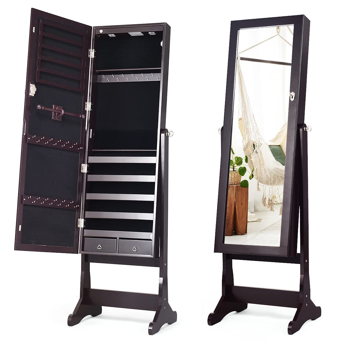 Giantex 2 LEDs Standing Jewelry Cabinet with Full-Length Mirror, Lockable Mirrored Jewelry Armoire with 2 Drawers, 4 Adjustable Angles, Jewelry Storage Organizer (Brown) Giantex