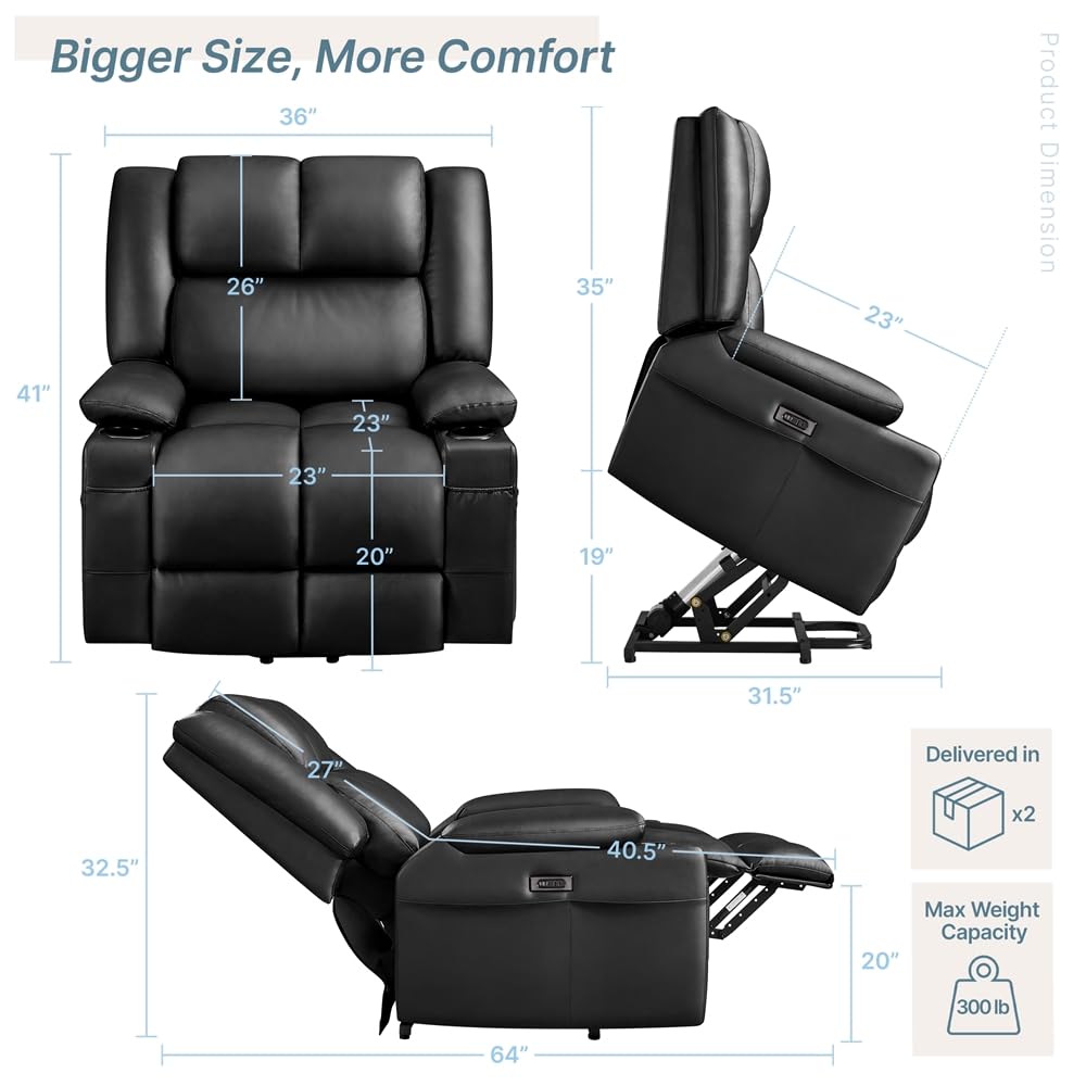 Yaheetech Large Electric Power Lift Recliner Chair, PU Leather Massage Chair with Heat and USB Port for Elderly, Ergonomic Lounge Chair with 2 Cup Holders Side Pockets, Overstuffed Wide Single Sofa Yaheetech