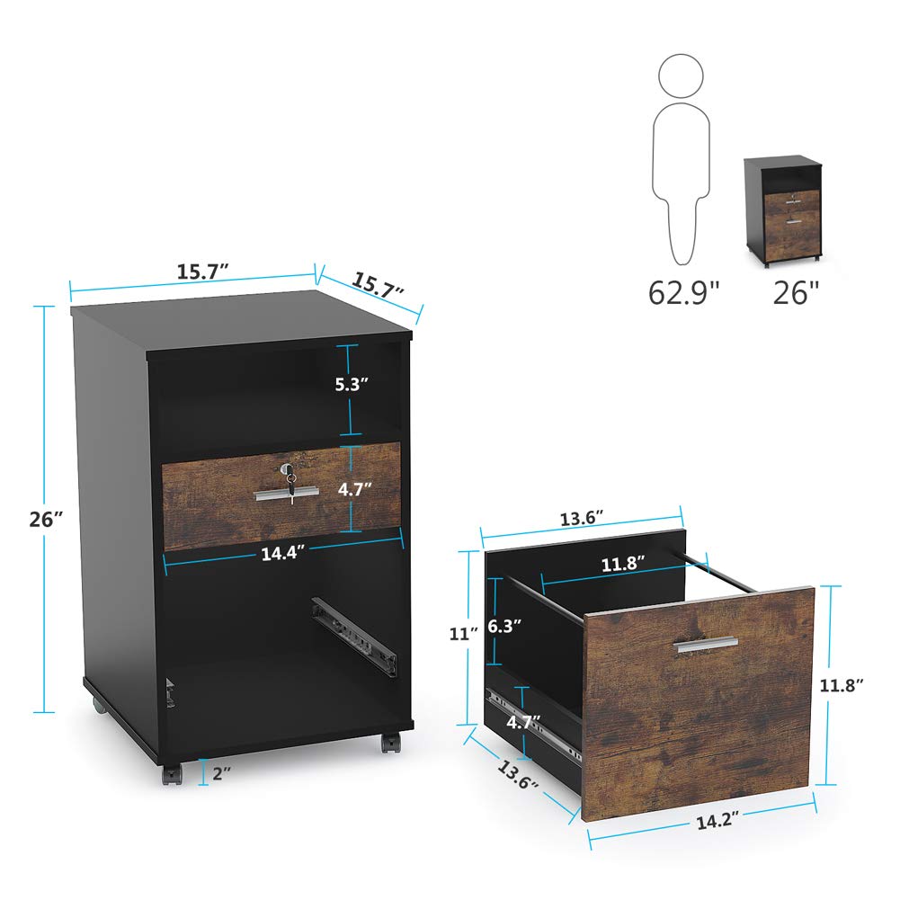 Tribesigns 2 Drawer Mobile File Cabinet with Lock, Wood Modern Filing Cabinet for Letter Size, Printer Stand with Rolling Wheels and Open Storage Shelf for Home Office(Rustic Brown) Tribesigns