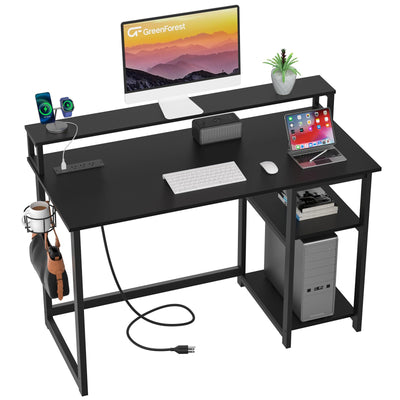 GreenForest 40 inch Computer Desk with Power Outlets, Small Home Office Desk with Ergonomic Monitor Stand, Reversible Gaming Desk, Modern Study Desk, Laptop Desk, Black
