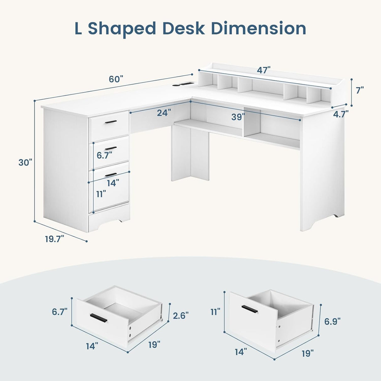 White L Shaped Desk with 3 Drawers, 60 inch White Executive Desk with Drawers and Power Outlet, White L Shaped Desk with File Cabinet, Corner Computer Desk with Moveable Hutch for Bedroom MaverickFurni