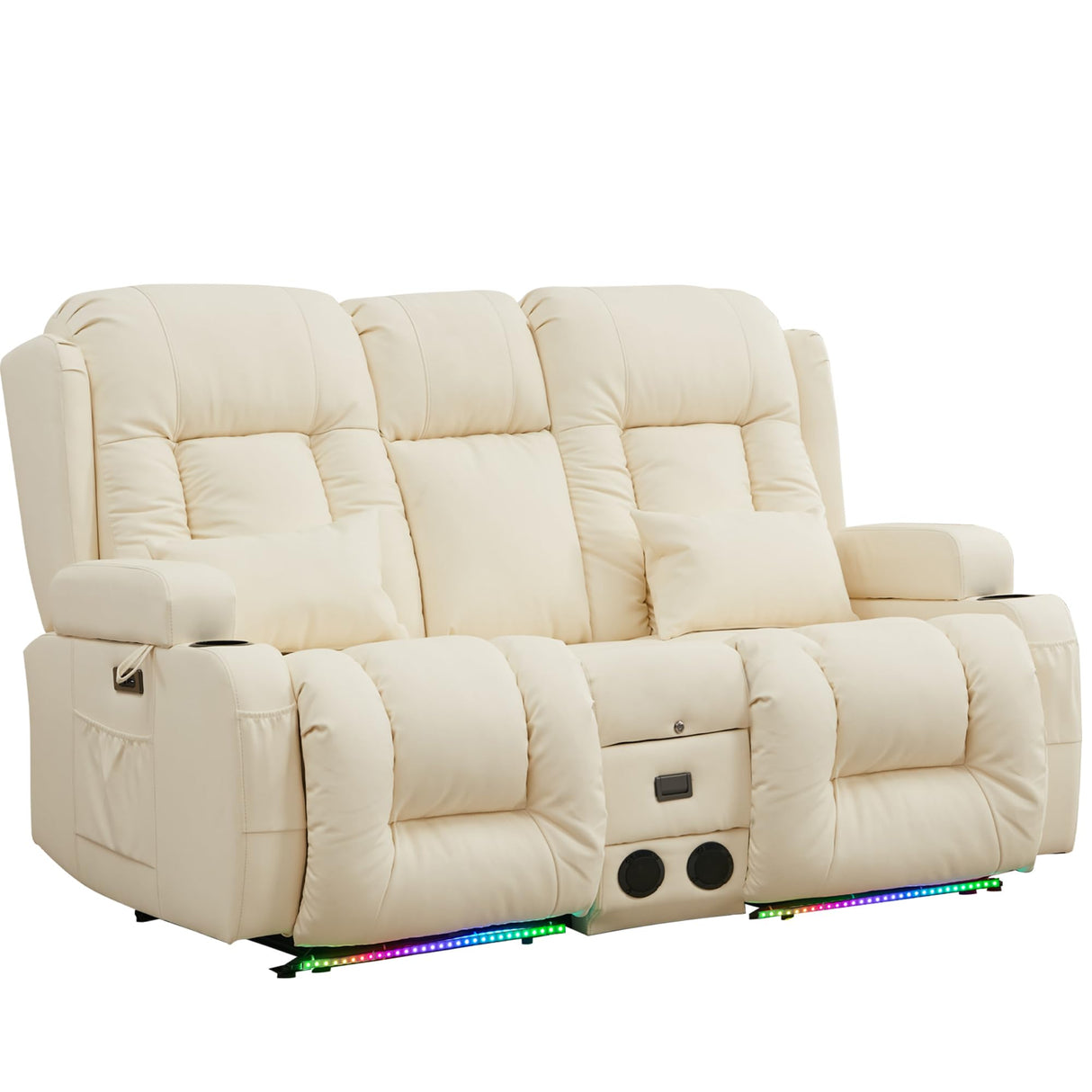 TUNYI Power Loveseat Recliner Sofa with Massage & Heat Home Theater Seating with Console Electric Recliner RV Sofa with USB/Outlet/Storage/Side Pocket/LED Light/Speaker (Cream White) TUNYI