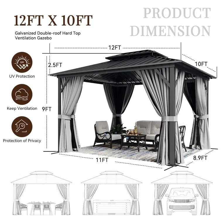 Jolydale Hardtop Gazebo 10X12ft, Outdoor Aluminum Gazebo with Galvanized Steel Double Roof, Permanent Metal Pavilion with Netting, Curtains Jolydale