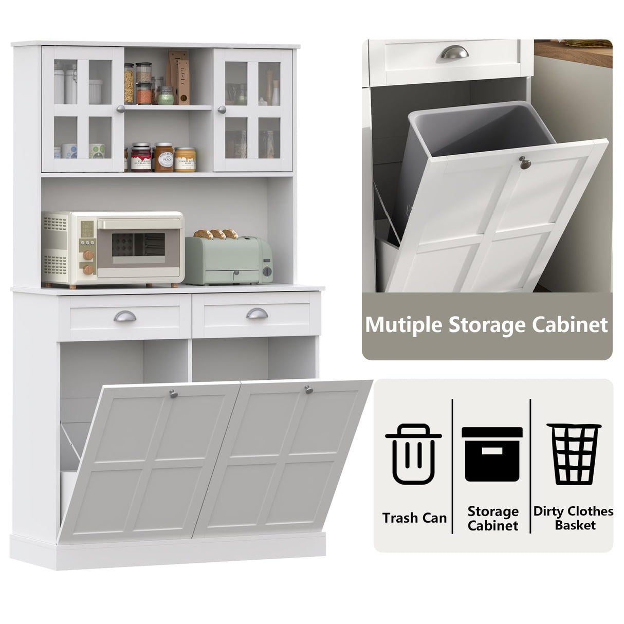 Kitchen Pantry Cabinet with Double Tilt Out Trash Cabinet, 68" Tall Kitchen Storage Cabinet with 2 Drawers & Hutch, 20 Gallon Hidden Trash Can Cabinet, Kitchen Cupboard with Microwave Coffee Stand Gyfimoie