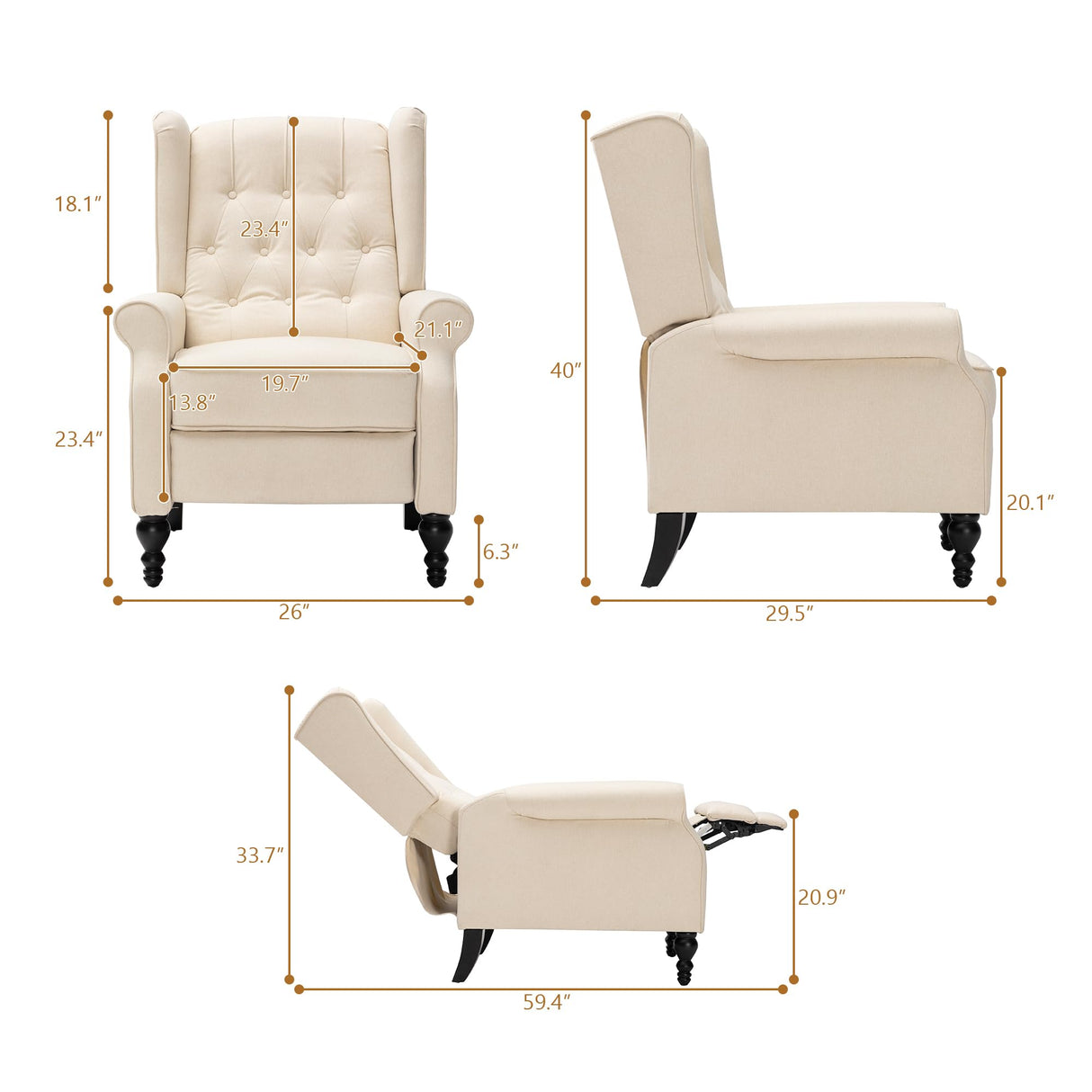 Mid Century Wingback Recliner Chair for Adults, Modern Linen Fabric Push Back Recliner Chairs with Button Tufted Upholstered Back & Footrest, Manual Recliner Chais for Living Room, Nursery, Beige BALIAA