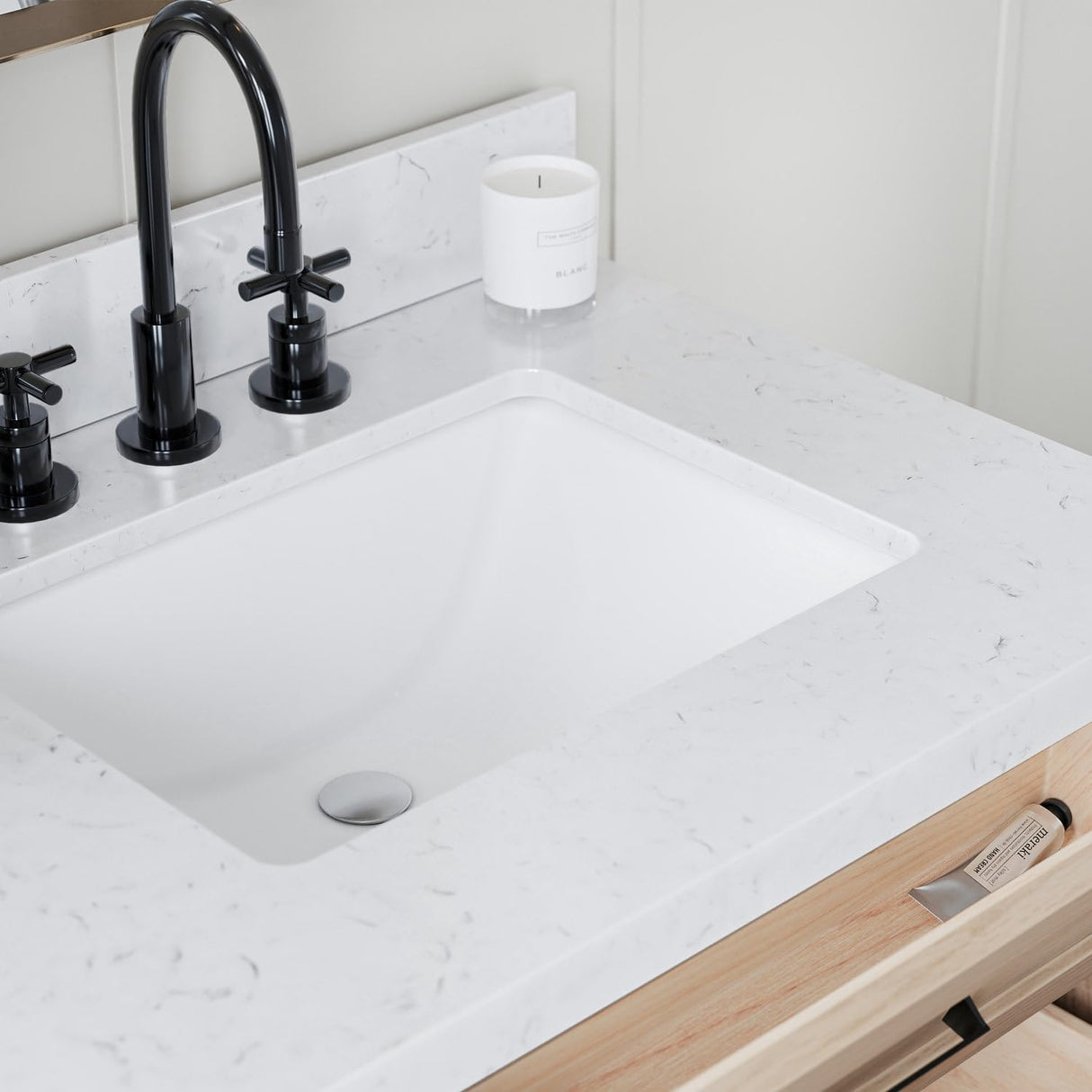 ARIEL Monroe 72 inch Double Bathroom Vanity with Sink in White Oak, 1.5" Edge Carrara White Quartz Countertop and Backsplash, Rectangle Sink, Soft Closing Doors, Dovetail Drawers, Matte Black ARIEL