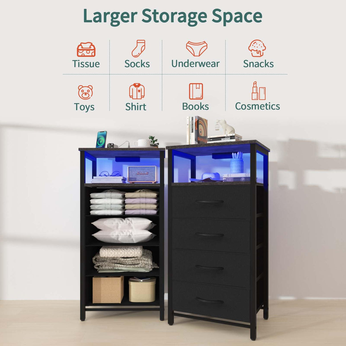 Yoobure Night Stand - LED Nightstand with Charging Station, Bedside Table with 4 Fabric Storage Drawers and Storage Shelf, End Table with USB Ports and Outlets, Tall Dresser for Bedroom Yoobure