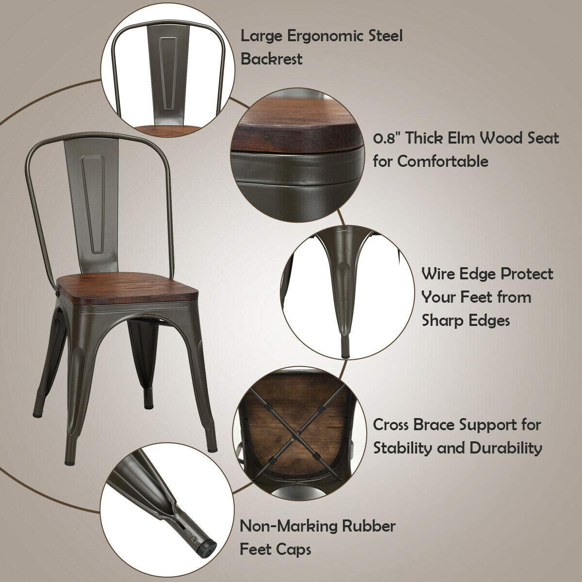 COSTWAY 18 Inch Dining Chair Set of 4, Industrial Vintage Stackable Metal Chairs, Counter Bar Chairs with High Backrest, Wood Seat, for Home, Kitchen and Cafe Bar Use COSTWAY