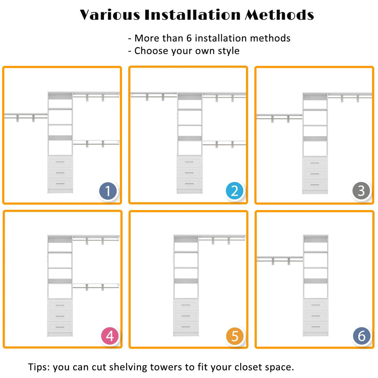 Dilando Closet Organizer System with Drawers, 8FT Closet Shelving System 96" Walk in Wood Corner Closet Storage System with 3 Shelves Custom Hanging Rods Heavy Duty Wall Mount Dilando