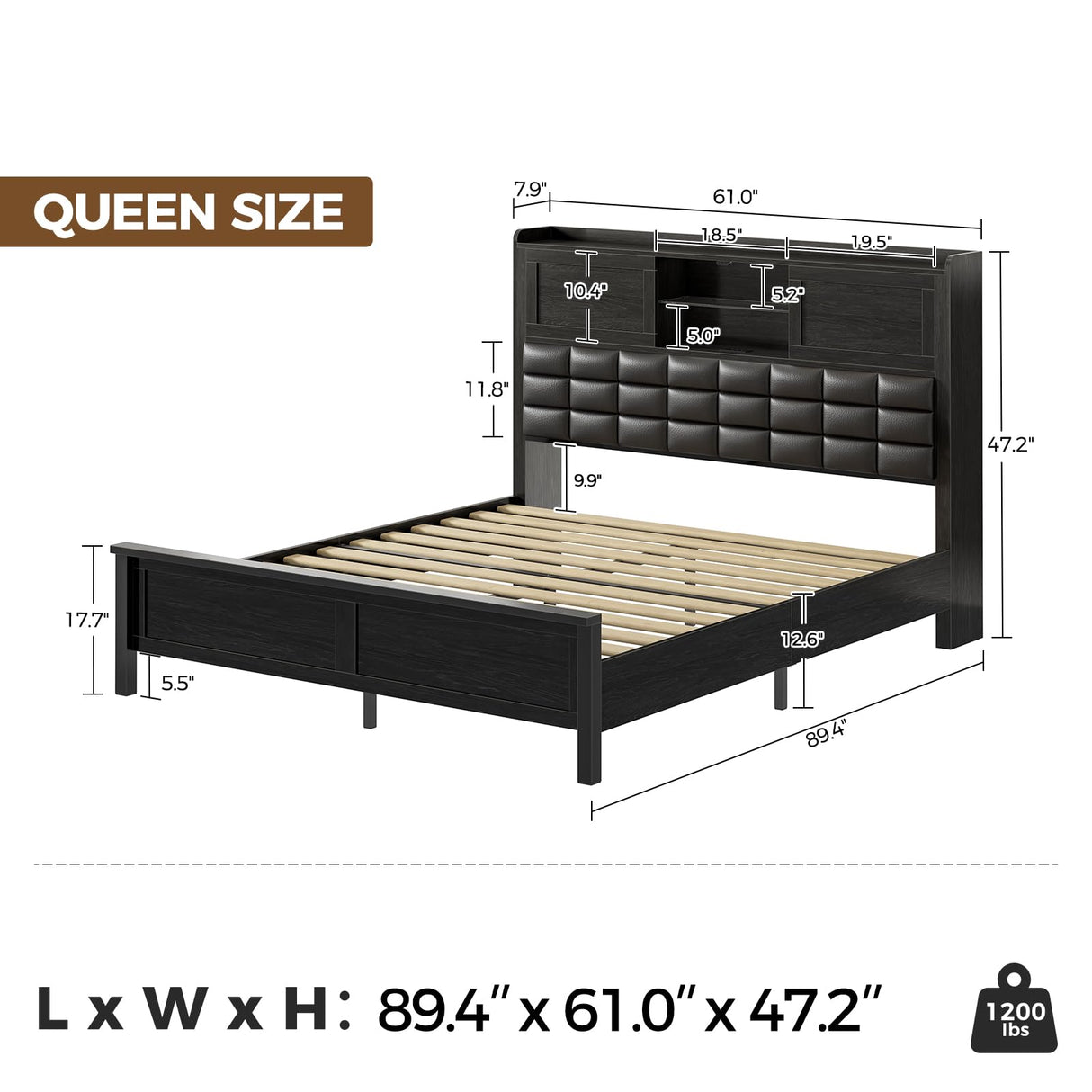 Rolanstar Bed Frame Queen Size with Charging Station, Bookcase Headboard Bed with LED Light and Sliding Doors, Platform Bed with Wooden Slats, No Box Spring Needed, Noise Free, Black Rolanstar