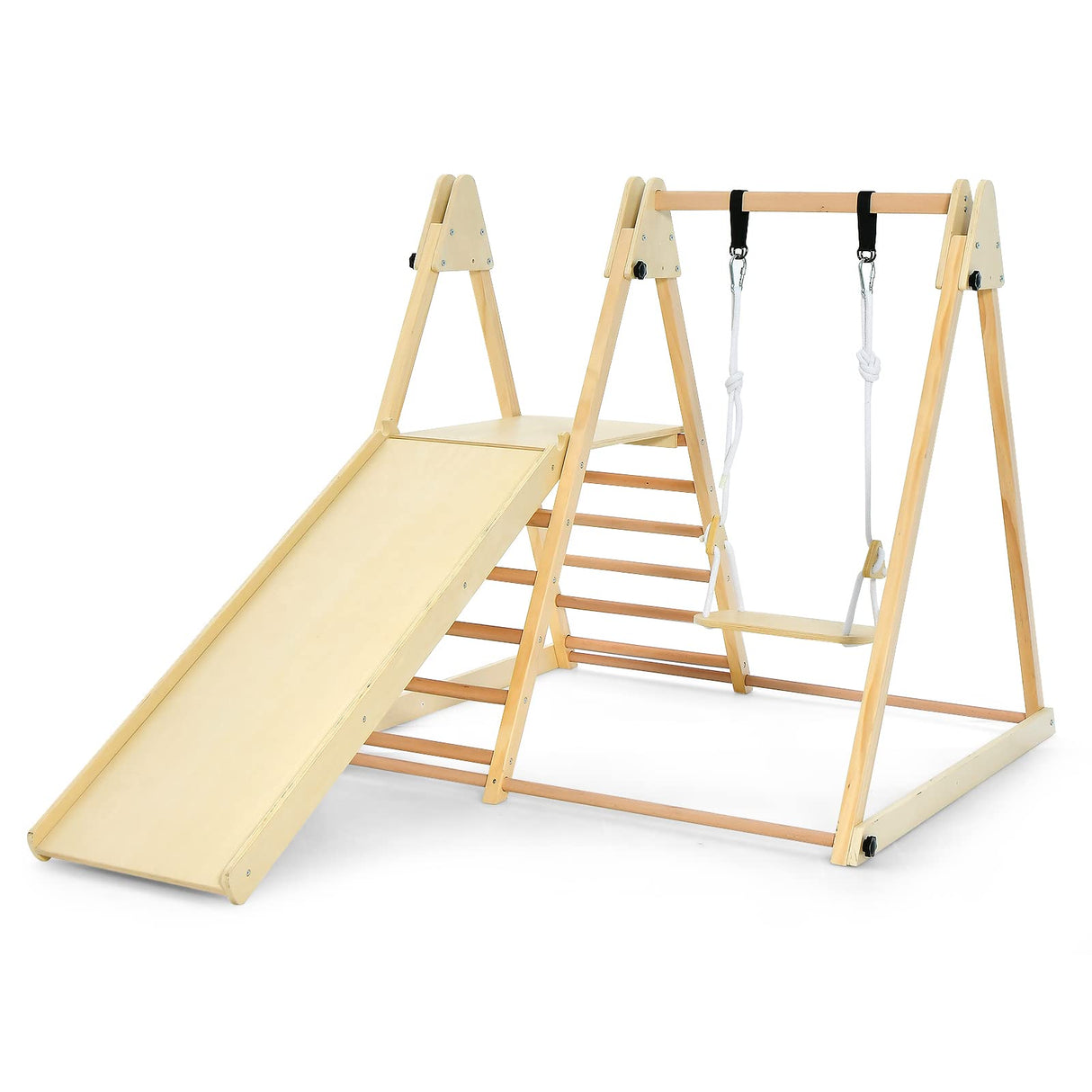 OLAKIDS Toddlers Triangle Climbing Set, 4 in 1 Foldable Kids Wood Montessori Climber Ladder with Ramp, Slide and Swing, Indoor Playground Jungle Play Gym Structure for Boys Girls Olakids