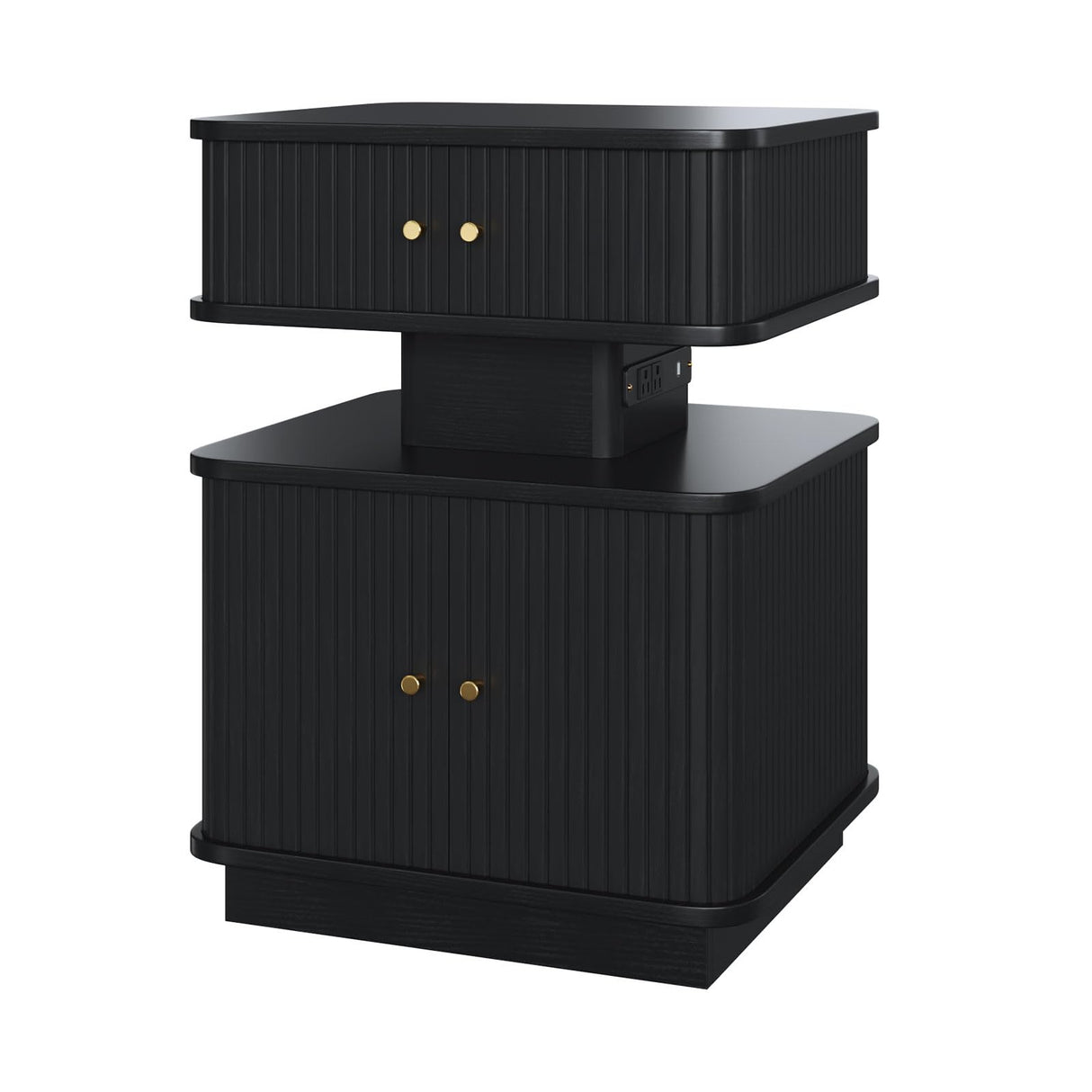 Night Stand, LED Nightstand, Bedroom Night Stand with Charging Station, 2 Drawer Nightstand, Modern Nightstands with Curvy Edge and Sliding Door, Small Bedside Table for Bedroom, Black AKMAKM