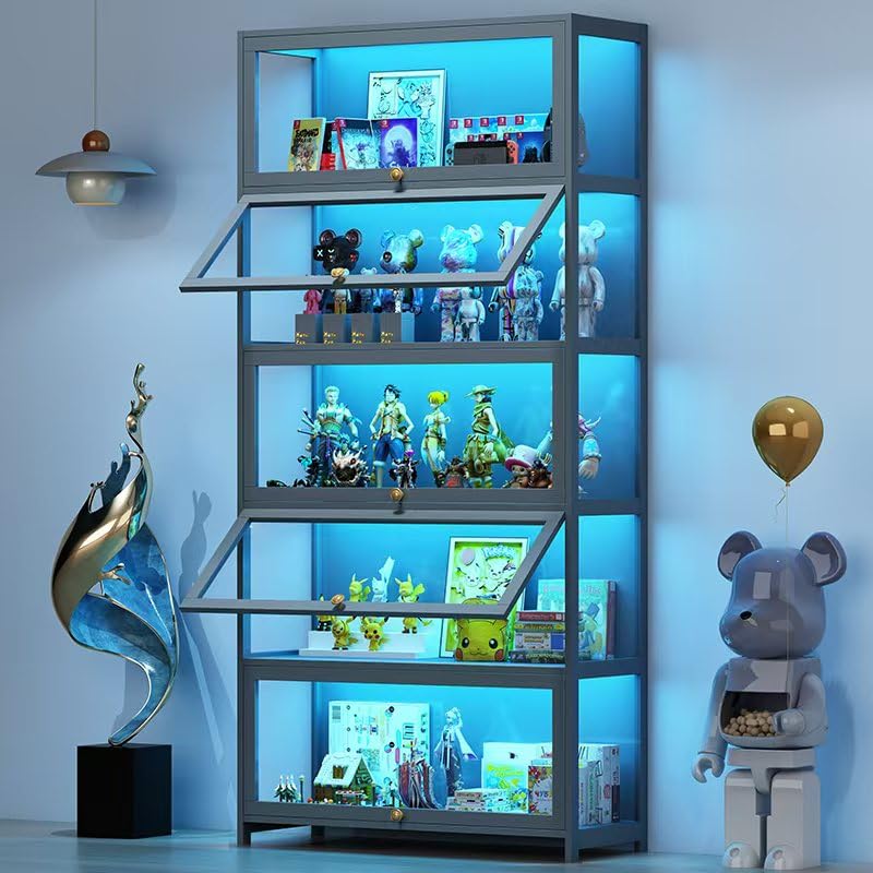 Display Cabinet with Glass Doors, 5-Tier Curio Cabinet with 4 Adjustable Shelves for Collectibles Toy Organizers Rack & Display Shelf, Kids Bookcase for Bedroom, Reading Nook, Living Room (grey) YGWBGA