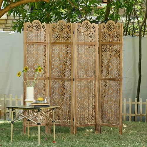68.9Inch Folding Room Divider, 4 Panels Wood Carved Privacy Screens - Ideal Decorative Partition for Home, Office, Restaurant, Bedroom (Dark Brown) Svimi