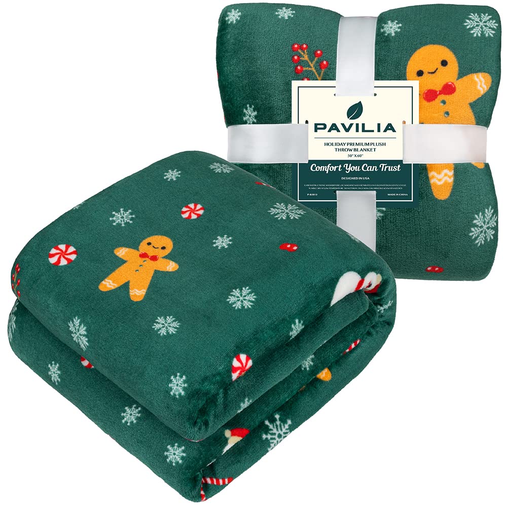 PAVILIA Christmas Gingerbread Throw Blanket | Green Holiday Christmas Fleece Blanket | Soft, Plush, Warm Winter Cabin Throw, 50x60 (Green Gingerbread) PAVILIA