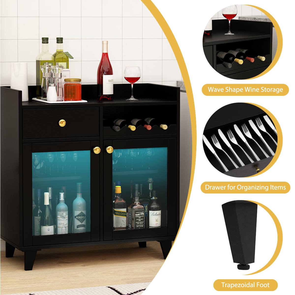 COCO DESIGN Small Bar Cabinet, Black Modern Liquor Wine Cabinet with Storage with Led Light for Home, Farmhouse Buffet Coffee Sideboard with Glass Door & Wavy Wine Rack for Kitchen COCO DESIGN