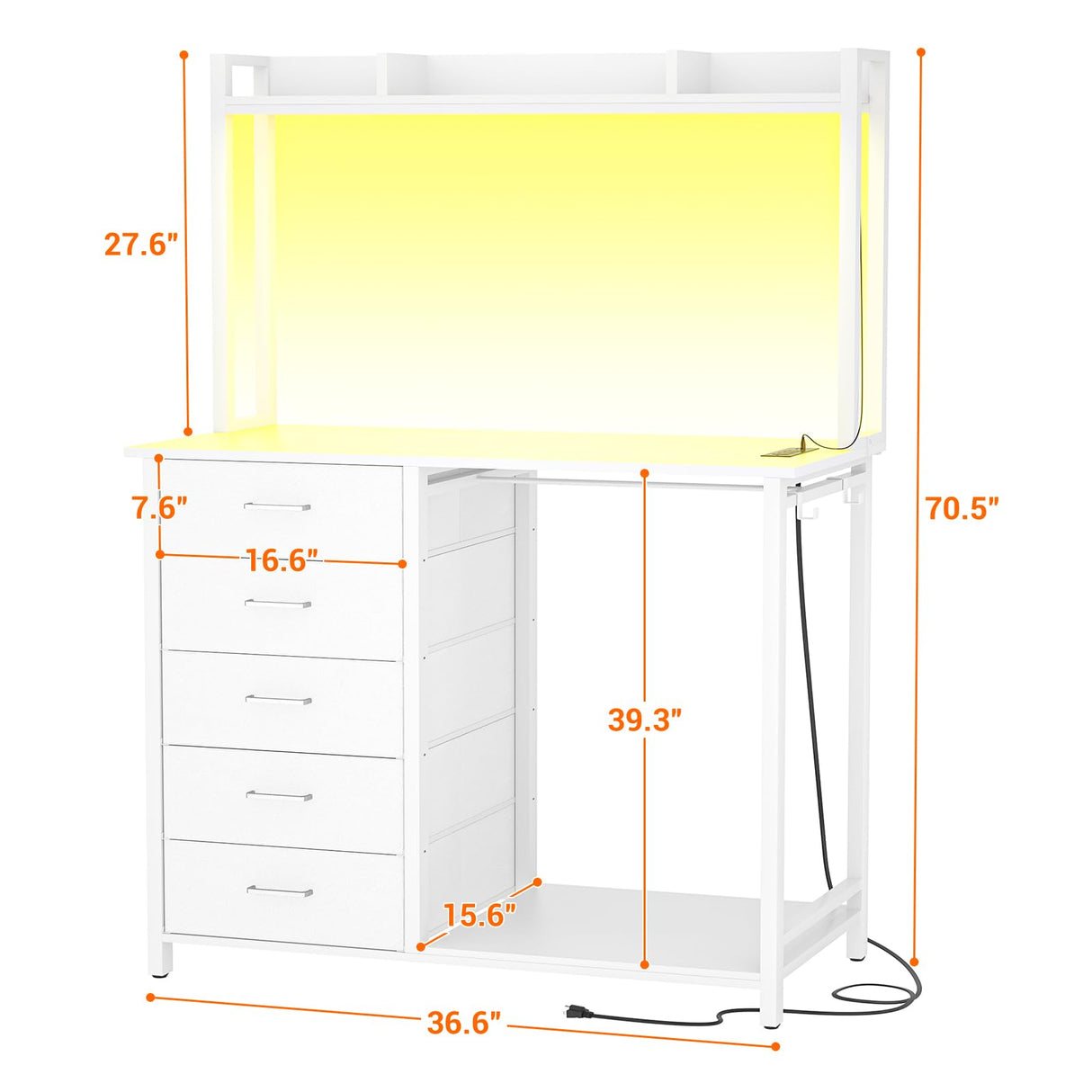 Cyclysio Dresser for Bedroom with Hutch & Clothes Rack, 70'' Tall 5 Drawers Dresser with Shelves, Dressers Closet with Charging Station & LED Lights, Bedroom, White Cyclysio