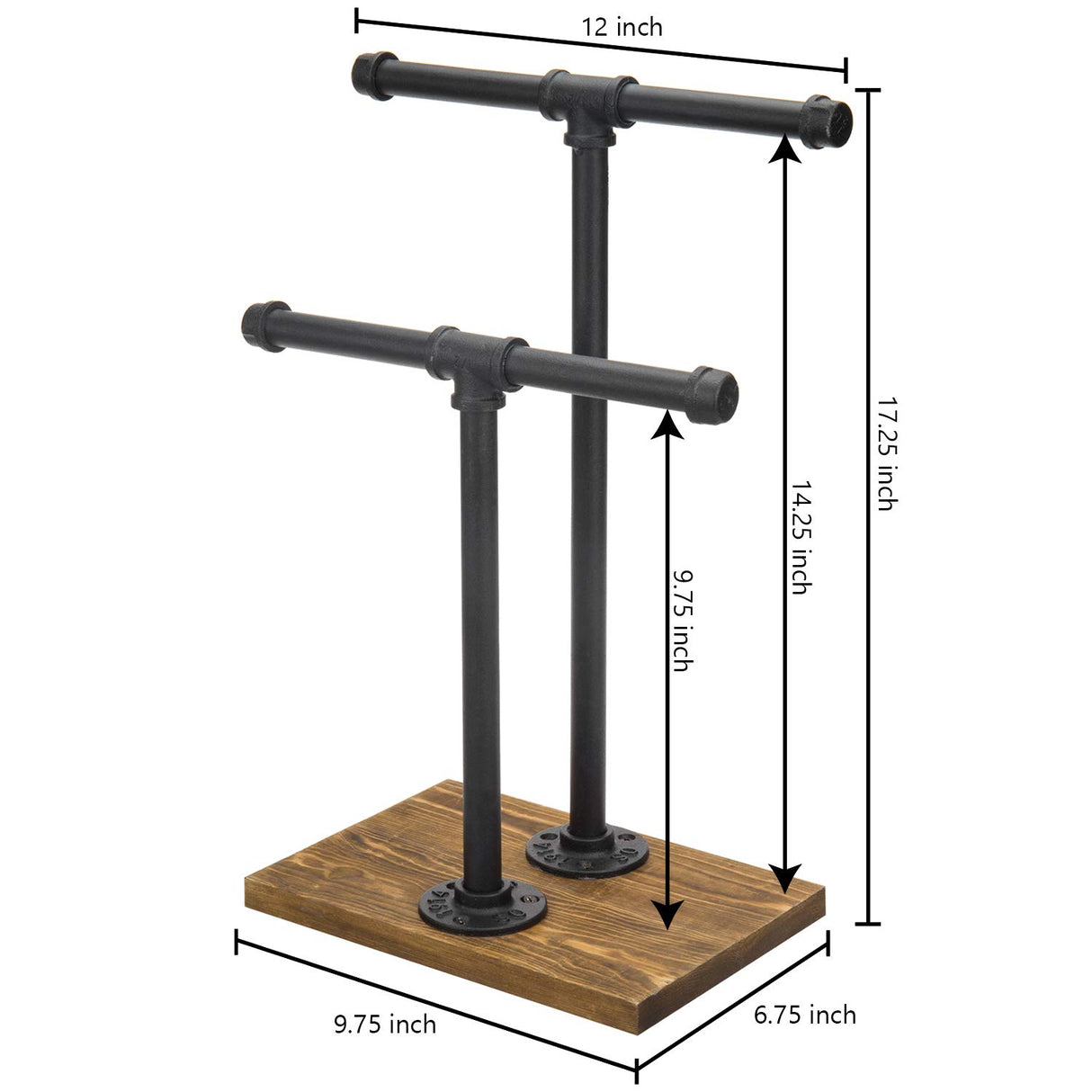 MyGift 2-Tier Urban Rustic Metal Industrial Pipe & Brown Wood T-Bar Necklace Jewelry Stand MyGift
