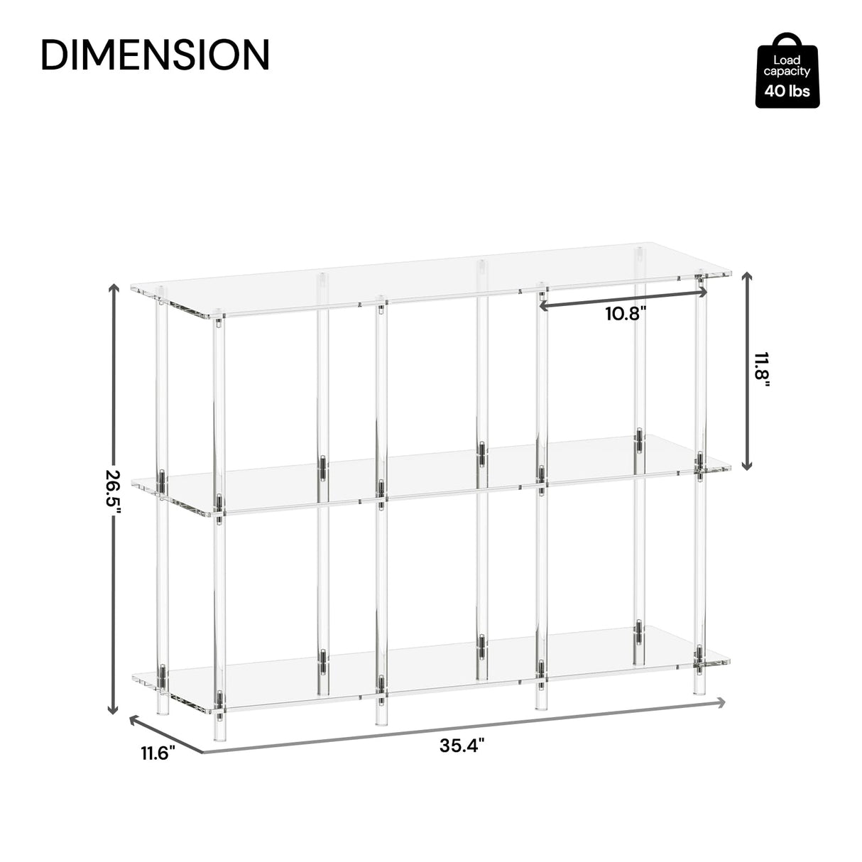 CRTERICX Acrylic Horizontal Bookshelf, 11.6" D x 35.4" W x 26.5" H, 3-Tier Clear 6 Cube Organizer Bookcase, Open Low Book Shelf for Home Office, Living Room, Bedroom, Modern, Easy Assembly CRTERICX