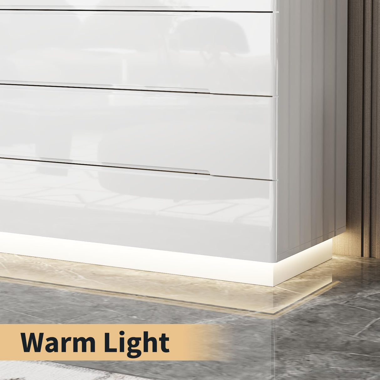 WOODTIME Modern 8 Drawer Dresser with LED Lights and Glossy Surface, 63" Large Dressers & Chests of Drawers Storage Tower Organizer for Bedroom, White WOODTIME