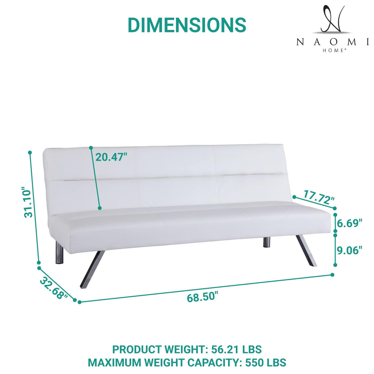 Naomi Home Faux Leather Futon Couch, Modern Convertible Folding Sofa Bed Couch Futon Sofa Bed with Chrome Legs, Reclining Mini Couch, Leather Futon Small Couch for Bedroom Living Room White Naomi Home