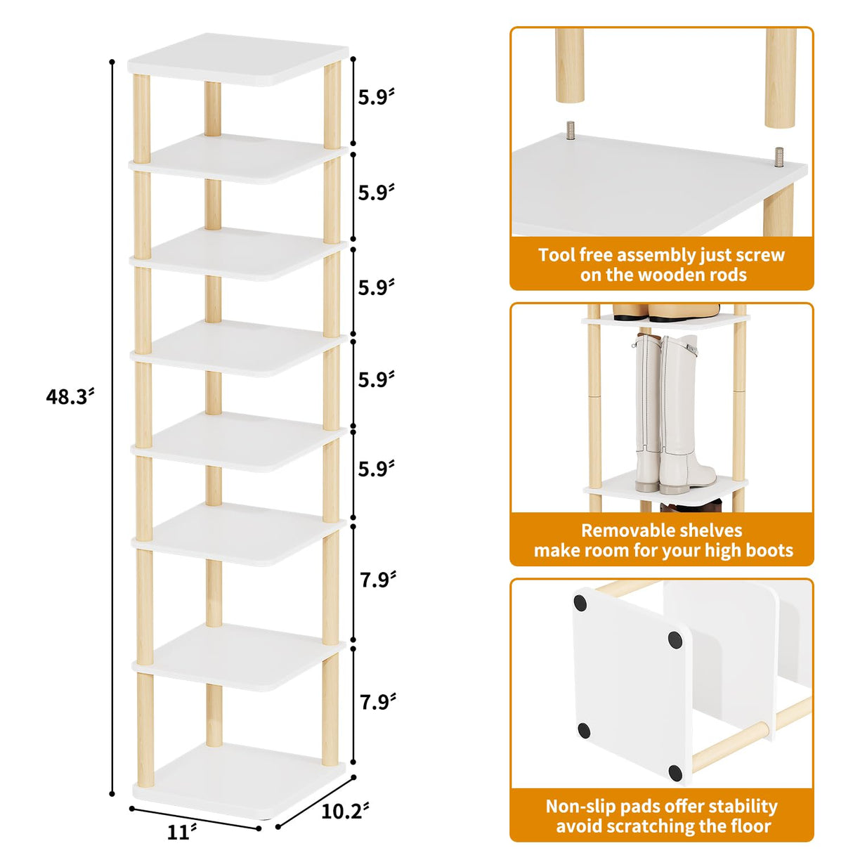 LUCKNOCK Vertical Shoe Rack, 8-Tier Tall Narrow Shoe Organizer for Entryway, Closet, Dorm & Small Spaces, Freestanding White Wooden Shoe Shelf Tower for Boots, Sneakers, Heels. LUCKNOCK