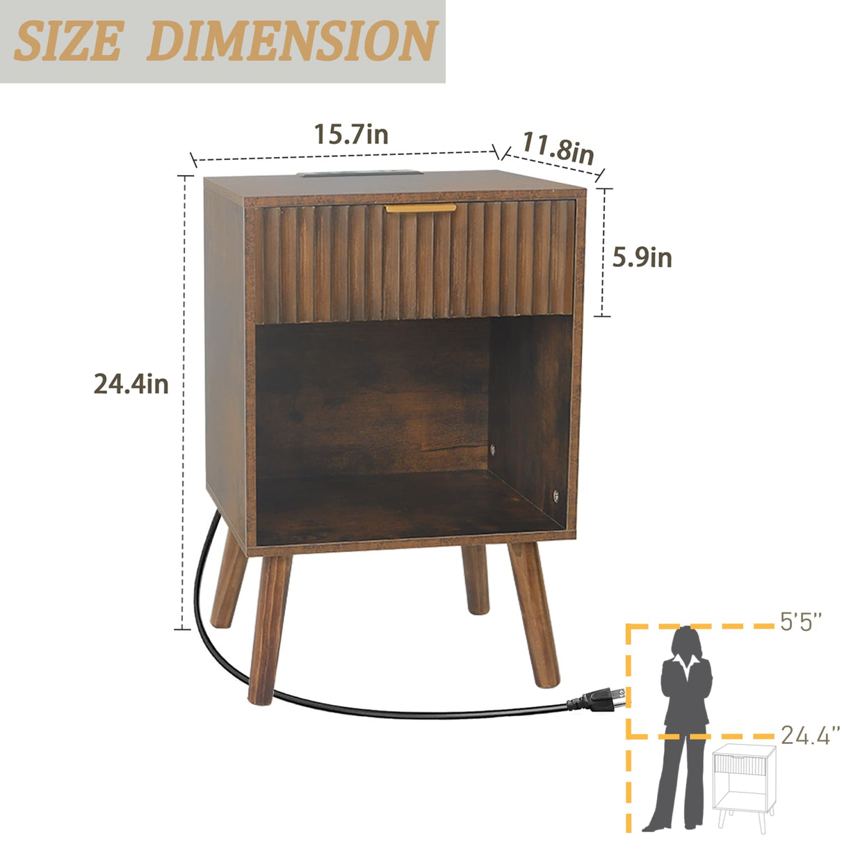 Fultyle Mid Century Modern Nightstand with Charging Station, Modern Bedside Table with Fluted Drawer and Storage Shelf, End Side Tables Living Room for Bedroom, Office (Rustic Brwon) Fultyle