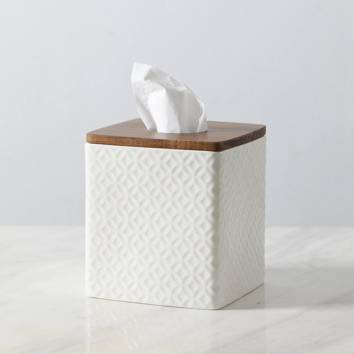 Motifeur Bathroom Accessories - Ceramic Tissue Holder with Wooden Lid, Decorative Square Tissue Cover Box (White and Beige) Motifeur