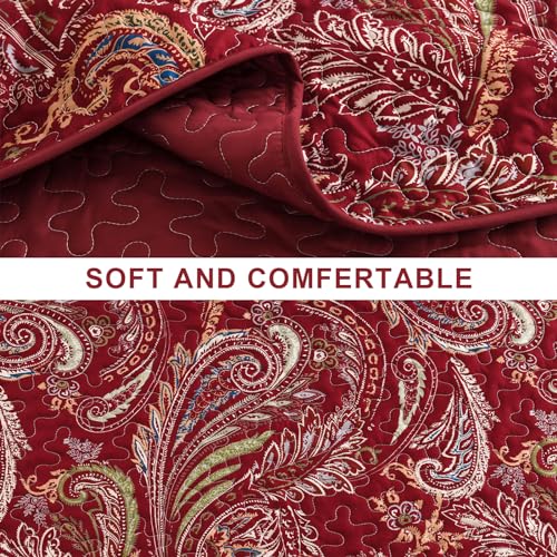 WONGS BEDDING Boho Quilt Set Queen,3 Pieces Red Paisley Pattern Bedspread Coverlet Set,Lightweight Microfiber Bohemian Bedding Set for All Season 96"×90" WONGS BEDDING