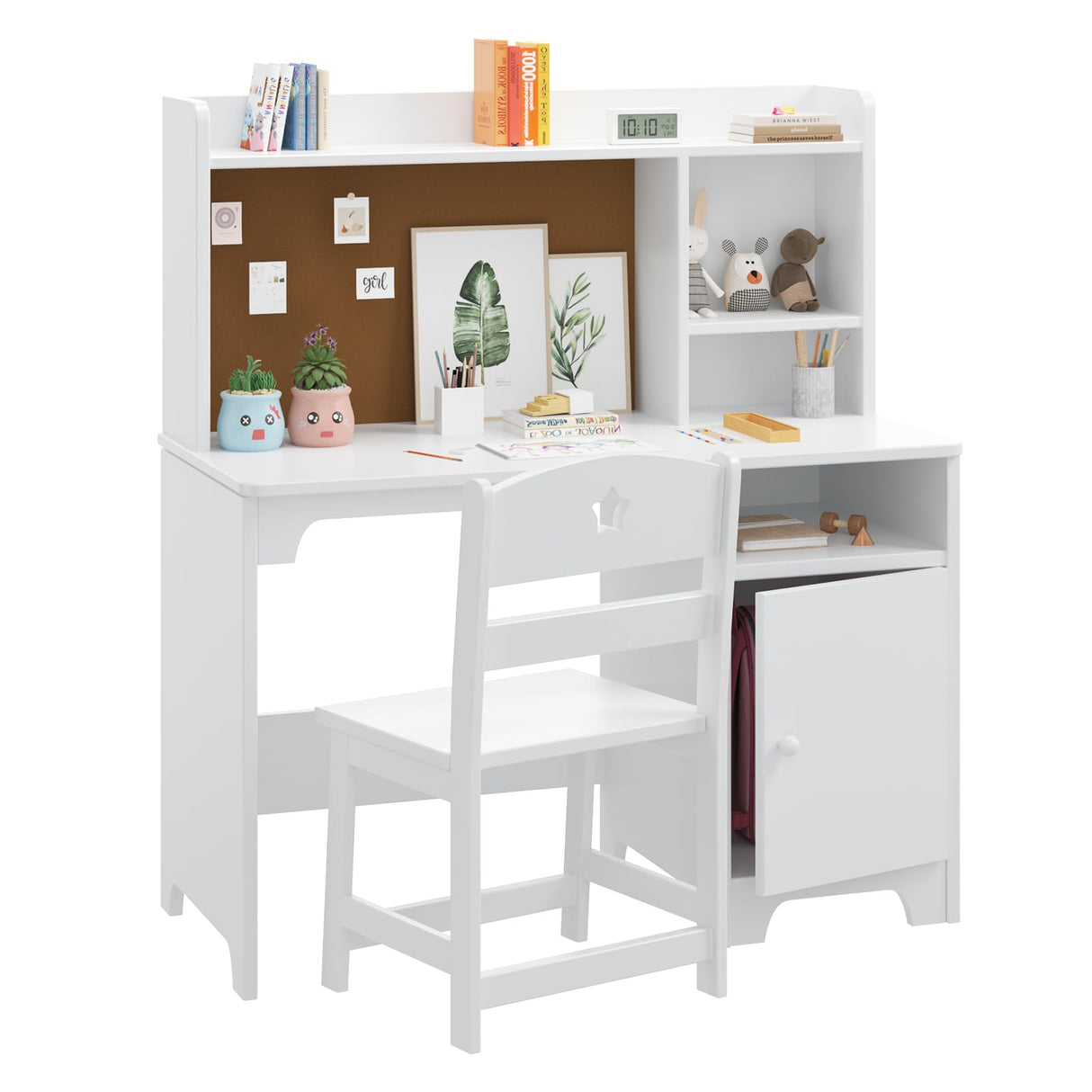 GarveeHome Kids Desk and Chair Set,Study Desk for Kids with Hutch, Storage Cabinet, Wooden Children Study Table, Student Writing Desk Computer Workstation for Kids Bedroom & Study Room,White GarveeHome