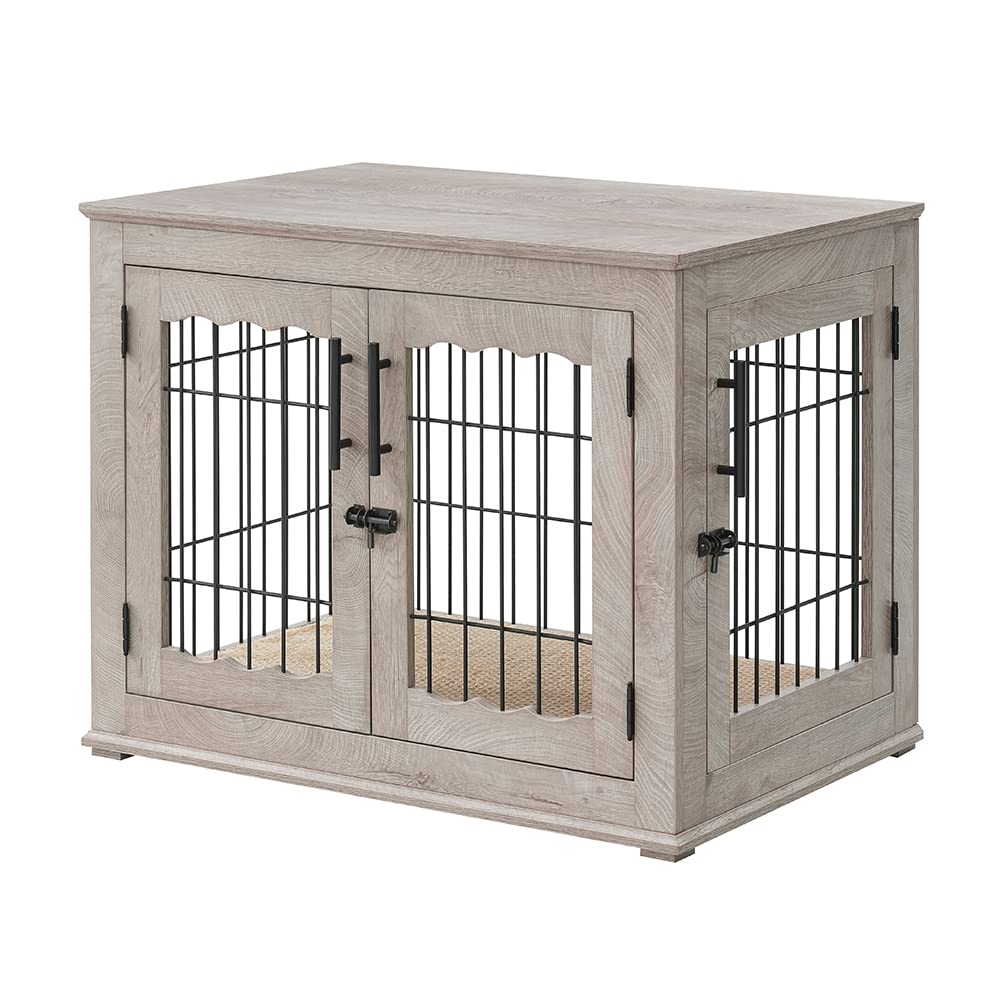beeNbkks Furniture Style Dog Crate End Table, Double Doors Wooden Wire Dog Kennel with Pet Bed, Decorative Pet Crate Dog House Indoor Medium Large beeNbkks