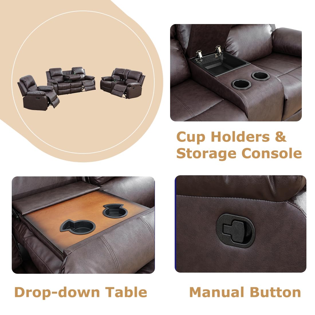 Toseslo Manual Reclining Couch Sofa Set with Drop-Down Table, 3 Pieces Brown Leather Recliner Couch Sets, Living Room Furniture Sets, Recliner Sofa with Storage Console/Cup Holder for Home/Apartment Toseslo