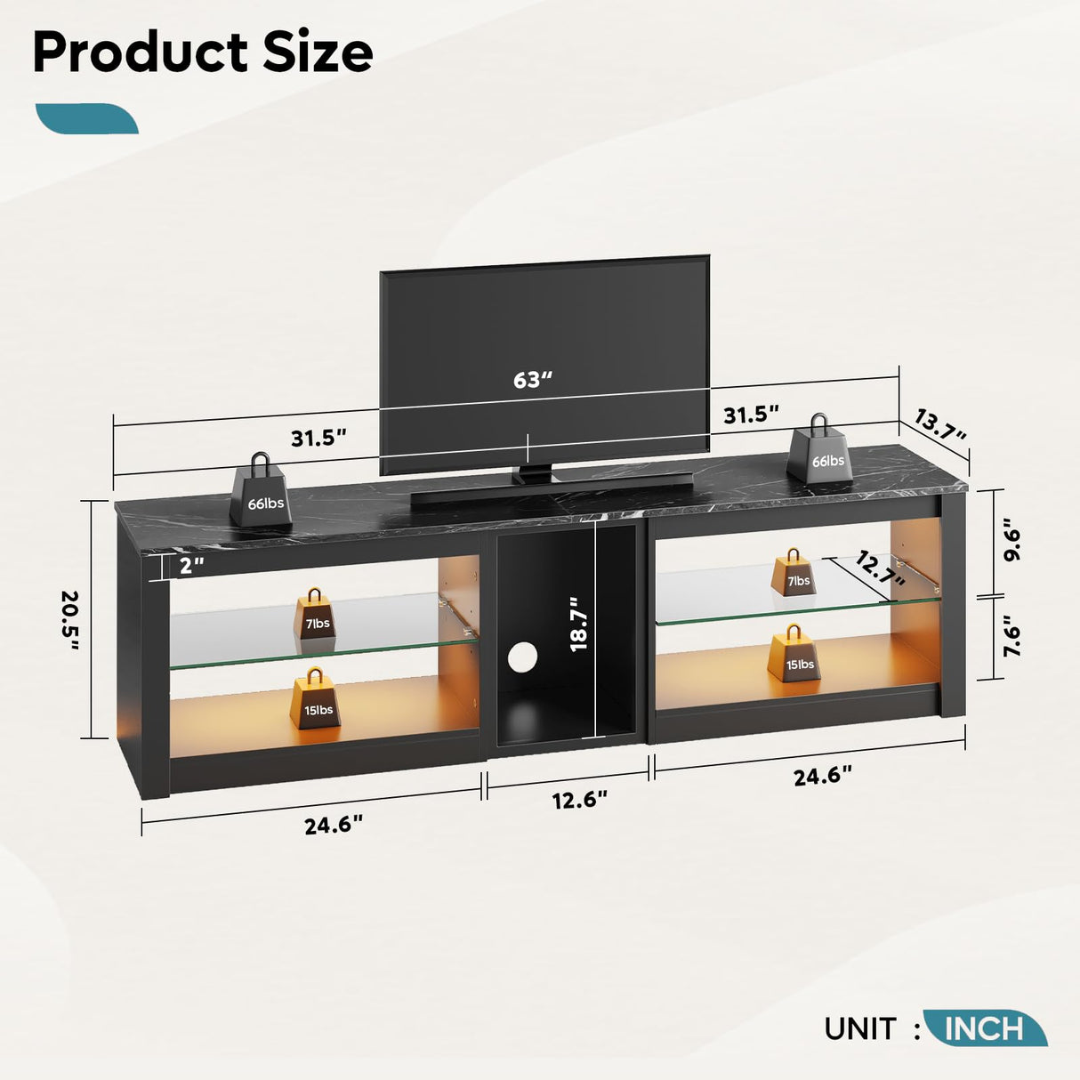 Bestier TV Stand for 70 inch TV, Gaming Entertainment Center for PS5, LED TV Cabinet with Glass Shelves for Living Room, 63'' Inch, Marble Black Bestier