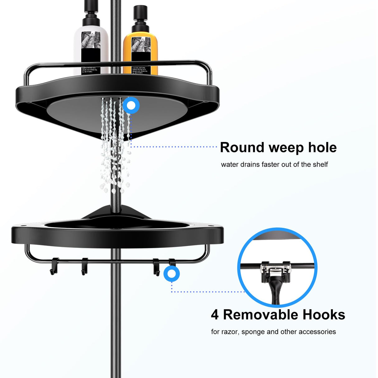 HAMITOR Corner Shower Caddy Tension Pole: Adjustable Stainless Steel Shower Organizer 4 Tier Shelf for Bathroom Bathtub Shampoo - Floor Standing Rack Bath Storage Holder with Rust Proof Rods - Black HAMITOR
