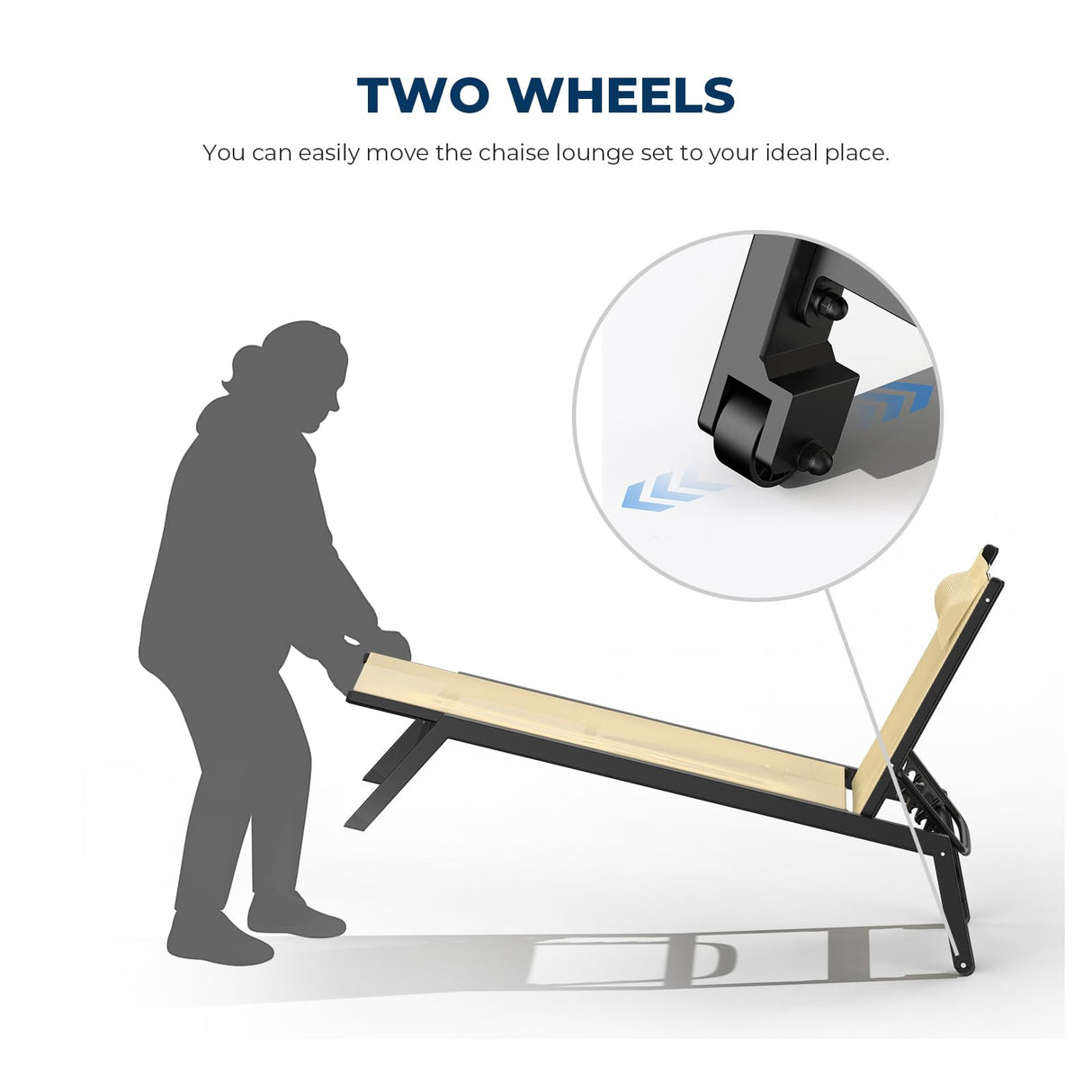 HOMSHADE Outdoor Aluminum Lounge Chair -Set of 2 with 5 Position Adjustable Backrest, Textilene Fabric, Two Wheels, Headrest for Pool, Beach, Beige (No Table) HOMSHADE