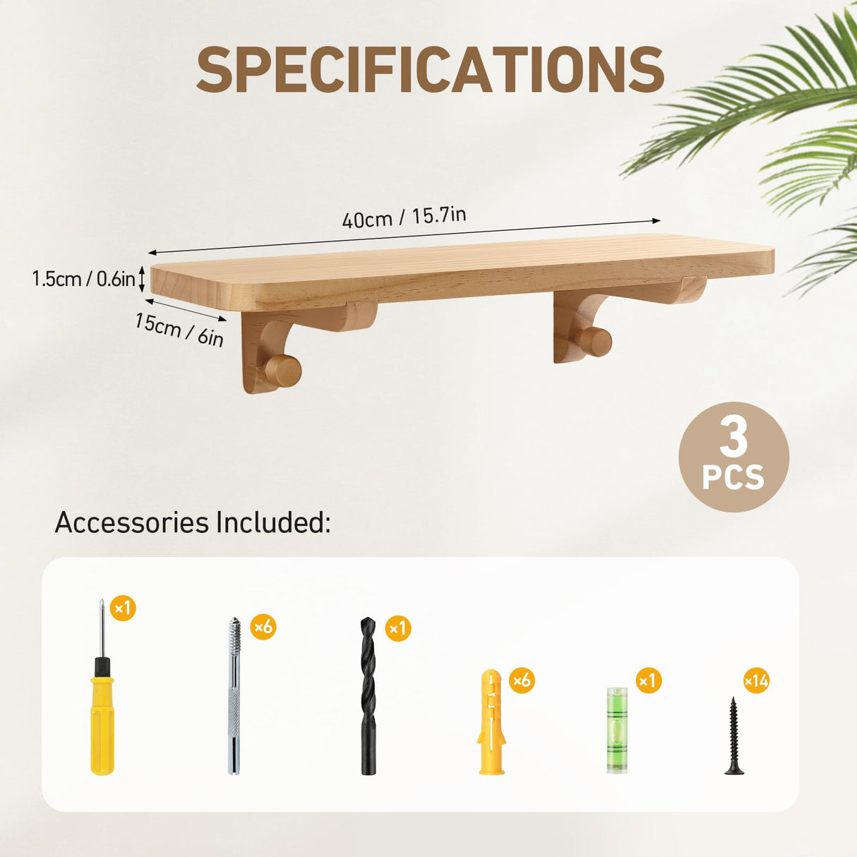 omedecal Wooden Floating Shelves for Wall, 15.7" W x 6" D x 0.6" H Large Wall Shelves, Hanging Storage Shelf with Hooks for Living Room, Kitchen, Bathroom, Bedroom Decor, Natural, 3 Packs omedecal