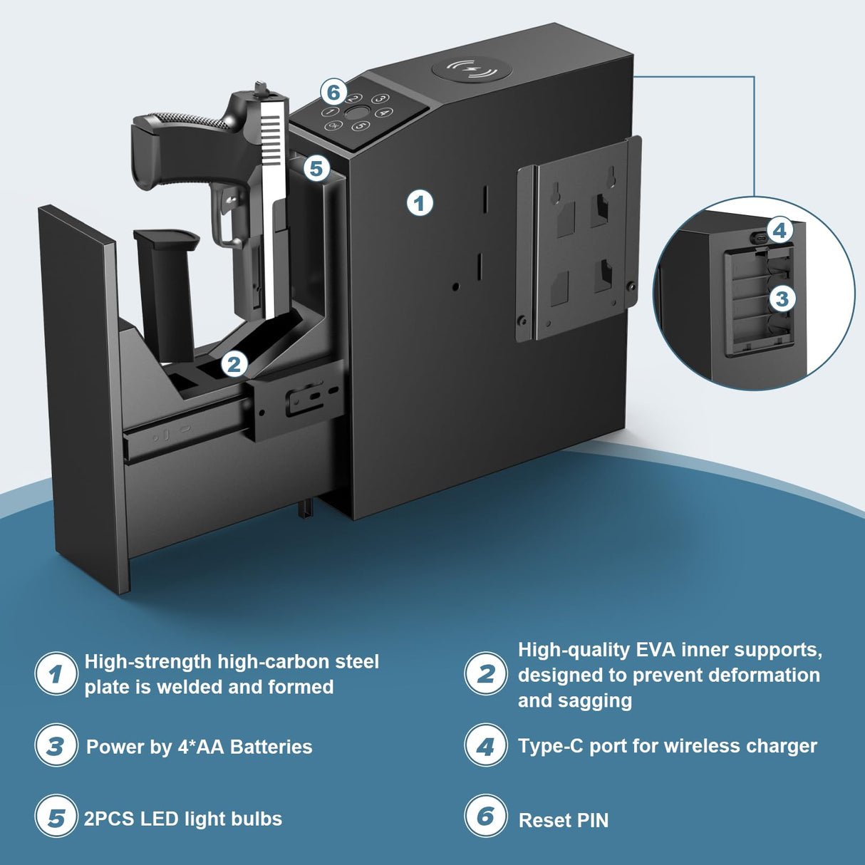 Bedside Gun Safes for Handgun Fingerprint Quick Access Pistol Safe,Gun Lock Boxs for Pistols, Nightstand Biometric Pistols Gun Safe Box with 20w Fast Wireless Charger (Large) Goldenguy