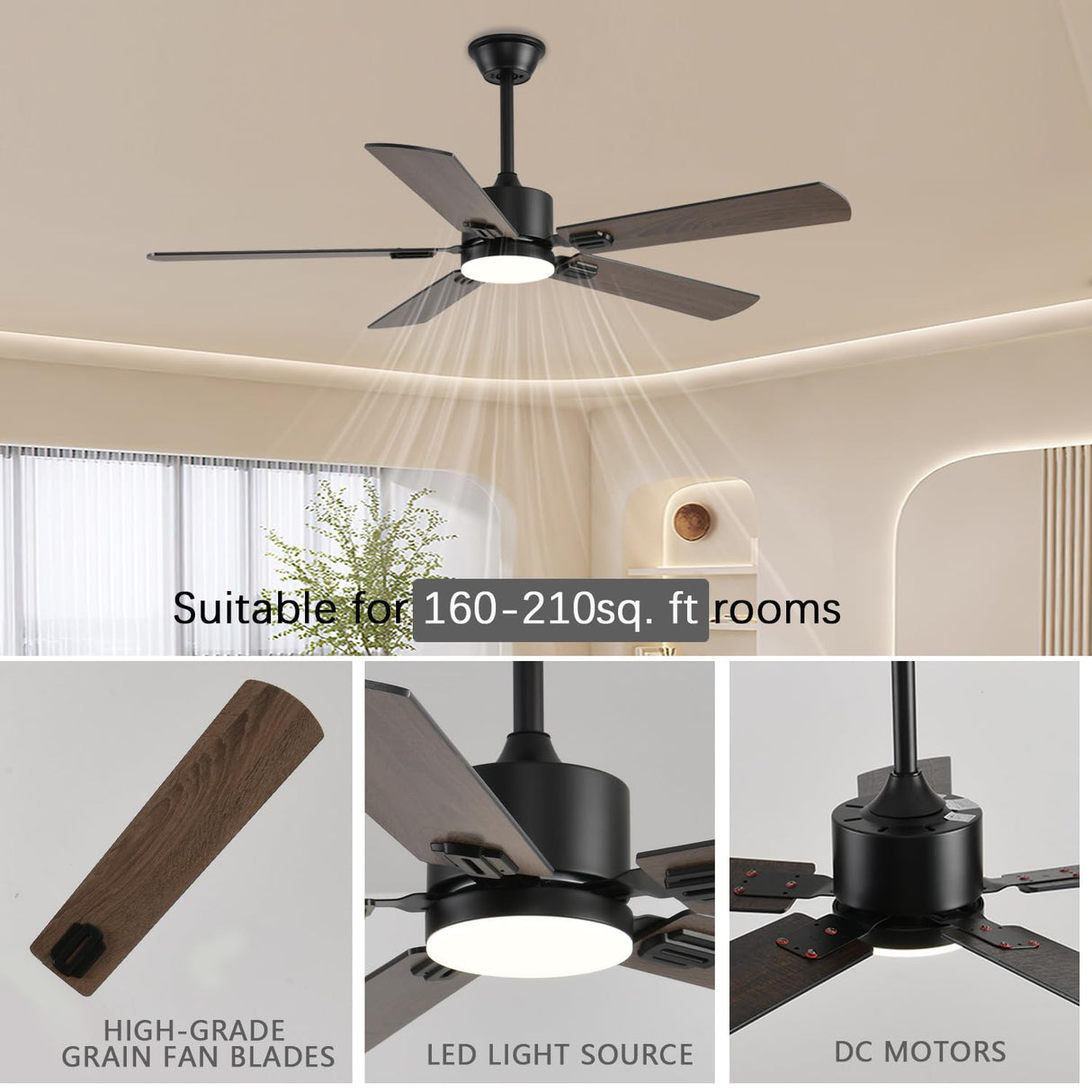 FUMLTP 52 inch Modern Ceiling Fans with Lights APP/Remote Control, Low Profile Reversible 6 Speeds Dimmable Ceiling Fan Light for Indoor/Outdoor Bedroom Living Room(Brown) FUMLTP