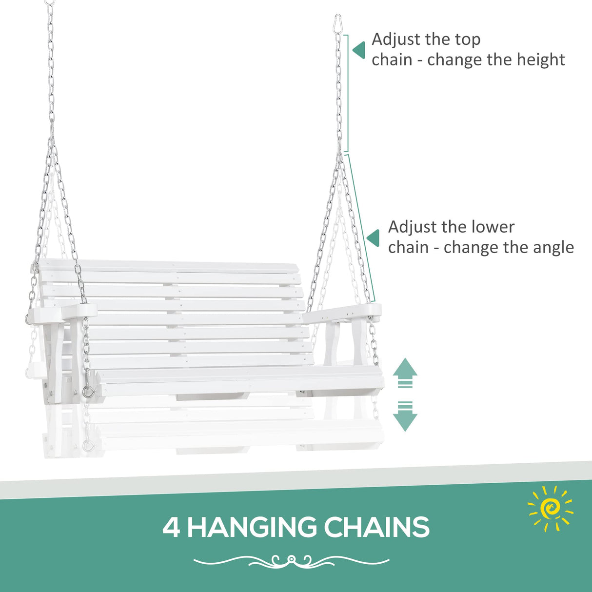 Outsunny Porch Swing with Chains and Cupholders, 2 Person Wooden Patio Swing Chair, 440 lbs. Weight Capacity, for Garden, Poolside, Backyard, White Outsunny