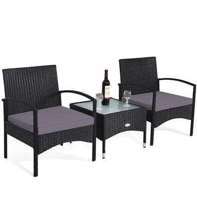 COSTWAY 3 PCS Patio Wicker Conversation Set, PE Rattan Sofa with Tempered Glass Coffee Table, 2 Chairs, 2 Cushions, Outdoor Patio Furniture Set for Yard Porch Bistro Balcony Backyard Pool, Grey