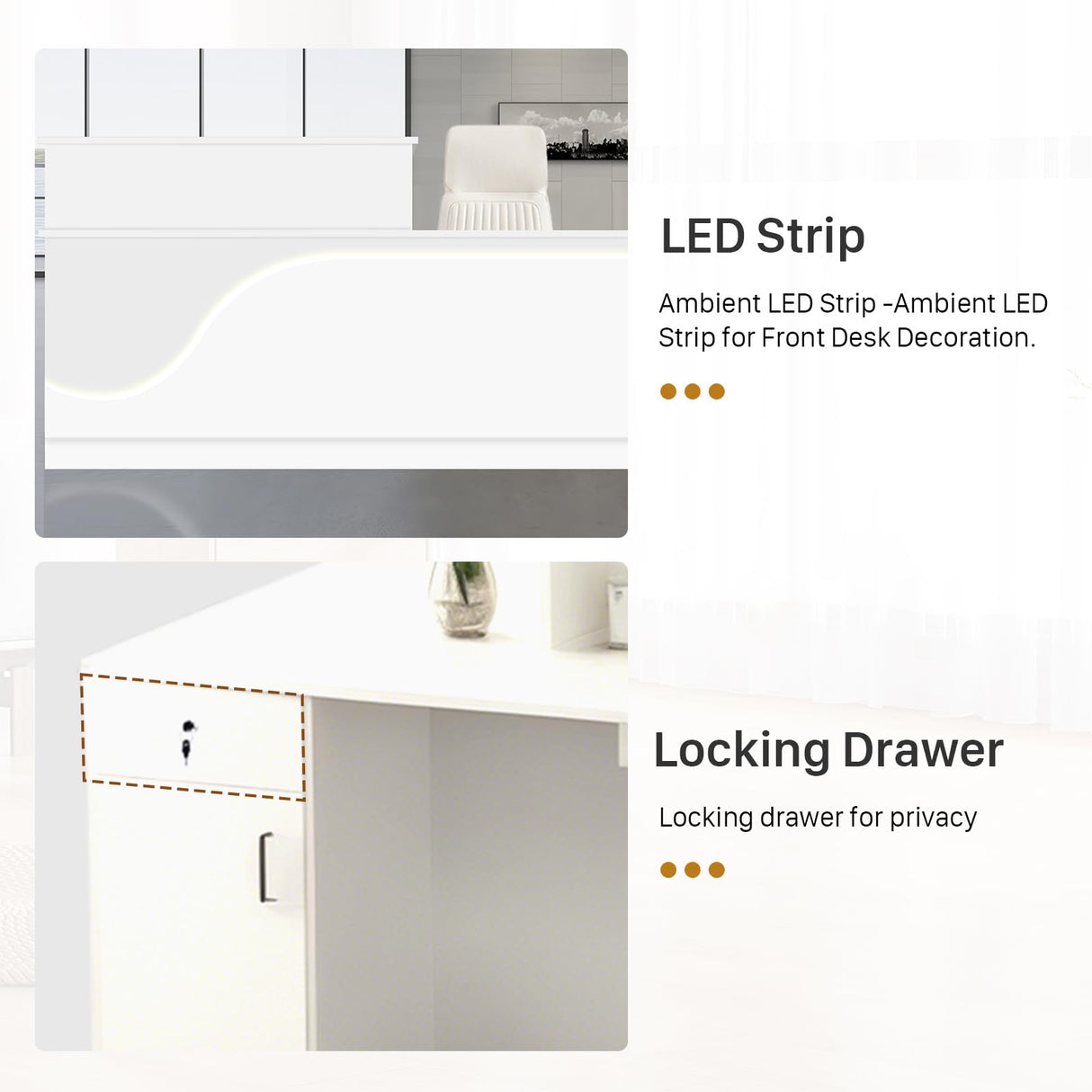 STLWR Modern Reception Desk with Locking Drawers, of Multi-Layer Solid Wood, Three-Color LED Light Strip & File Cabinet, Office Display Counters Retail Reception Desk (All White-Left, 63") Generic