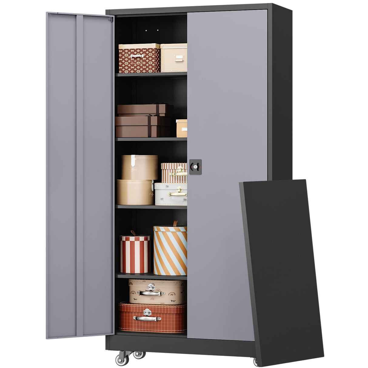 RAVIGIN Metal Garage Storage Cabinet with Wheels, 73" H Locking Tool Cabinet with 2 Doors and 4 Shelves, Tall Steel Cabinet for Garage, Heavy Duty File Cabinet for Office, School (Black Grey) RAVIGIN