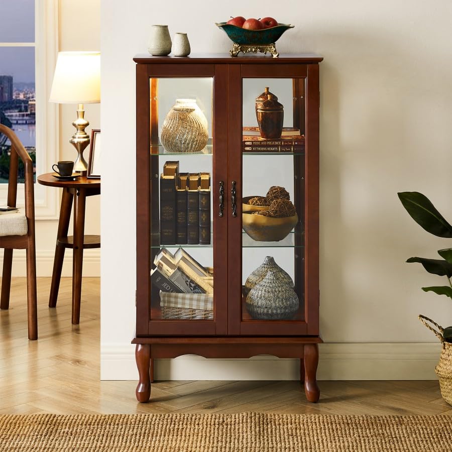 CKEASEAN Lighted Curio Cabinet with 3-Tier Adjustable Shelves and Mirrored Back Panel, 44" H Glass Display with Tempered Glass Doors, China Cabinet for Living Room (Light Bulb not Included) (Walnut) CKEASEAN