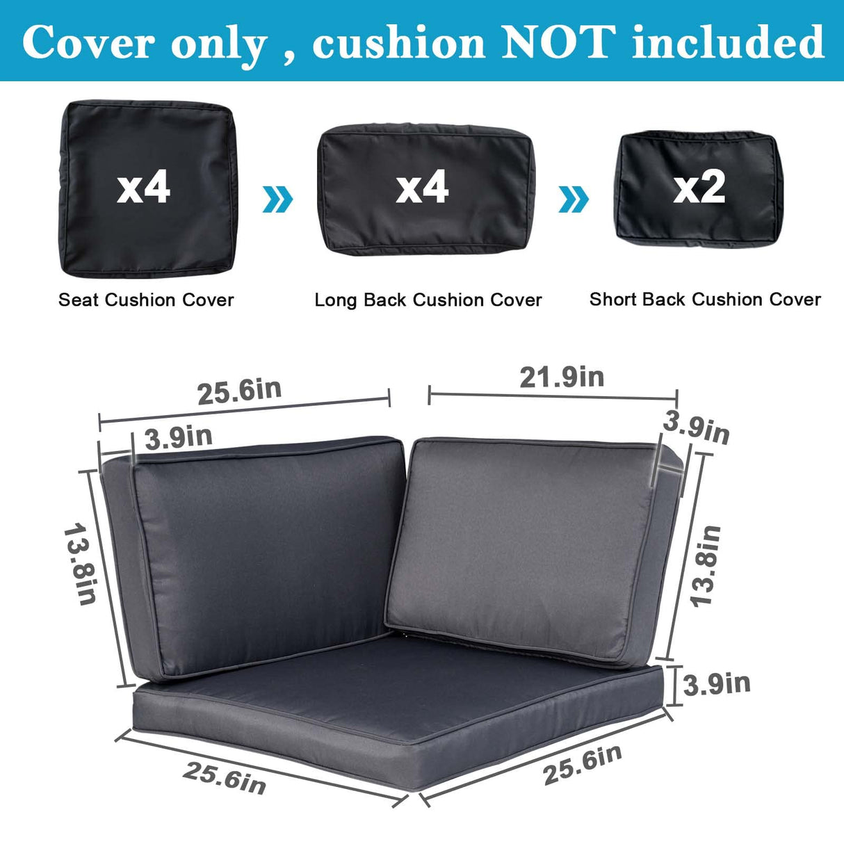 VIXLON Outdoor Patio Cushions Replacement Covers for Wicker Rattan Patio Furniture Conversation Set Outdoor Cushion Covers with Zipper Fit (Dark Grey (Only Cover), 10 piece sets) VIXLON