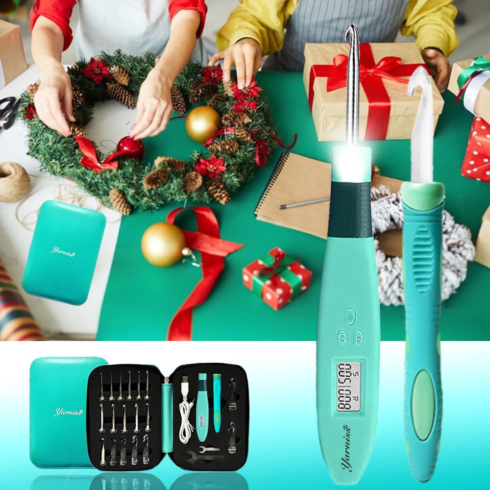 Yarniss 18 Size Counting Crochet Hooks with Light, Digital Counter Crochet Hooks Set with Case (2.0mm~14.0mm) Yarniss