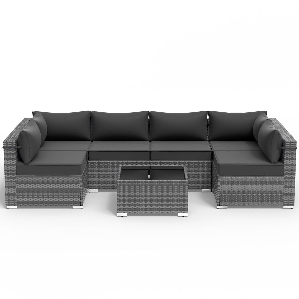 VONZOY Outdoor Patio Furniture Set 7 Pieces Sectional Rattan Sofa Set, PE Wicker Patio Conversation Set with 6 Seat Cushions and 1 Tempered Glass Table and Furniture Cover, Black VONZOY