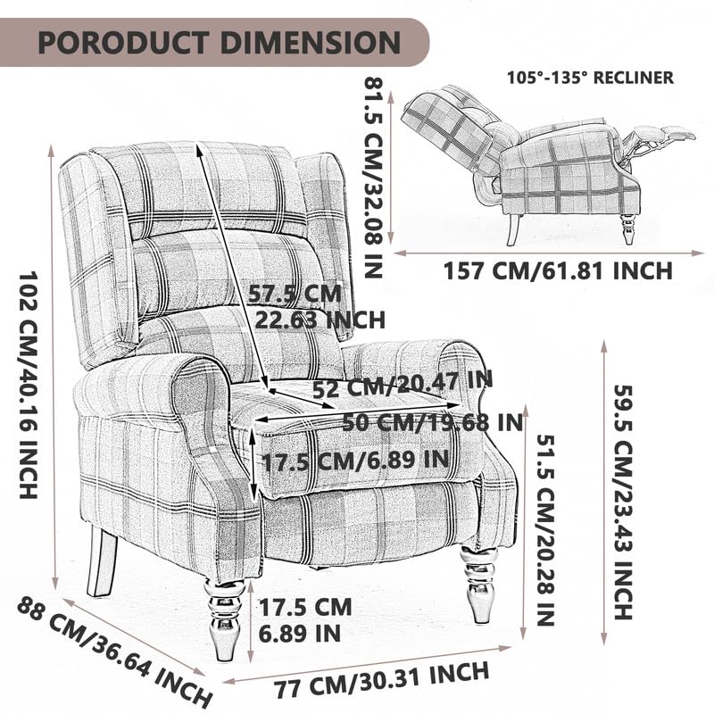 Upholstered Wingback Recliner Chair, Plaid Recliner Chair Armchair Adjustable Footrest Push Back Reclining Sofa, Mid-Century Modern Lounge Armchair for Living Room, Bedroom, Reading -- Natural PATIOPTION